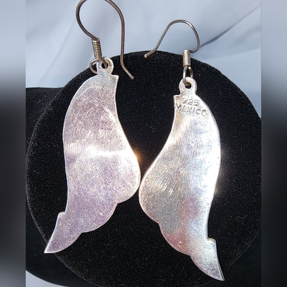 Southwestern-style Pink Inlay Stone Wing Dangle Earrings; marked 925 Mexico - Picture 3 of 7